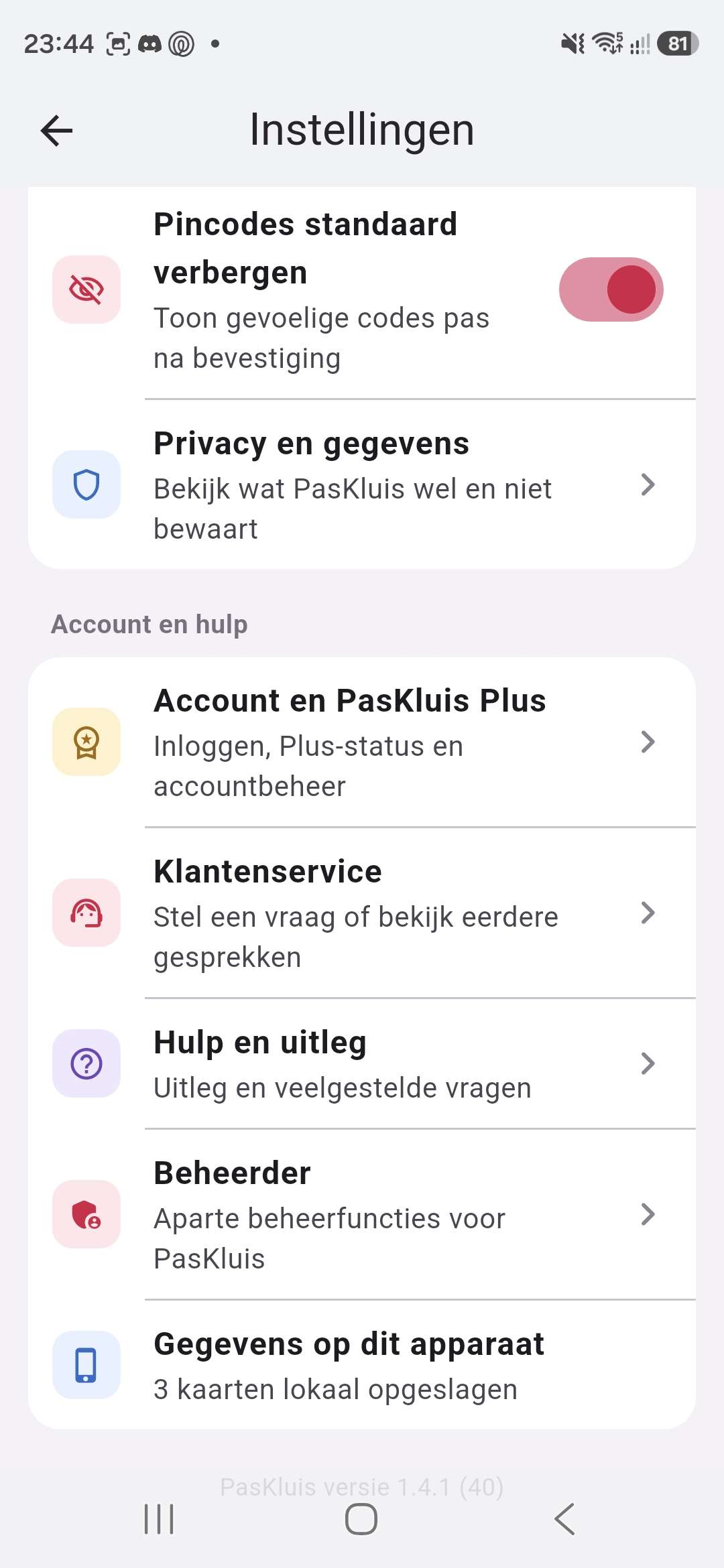 Instellingen van PasKluis met privacy, account, klantenservice en hulp