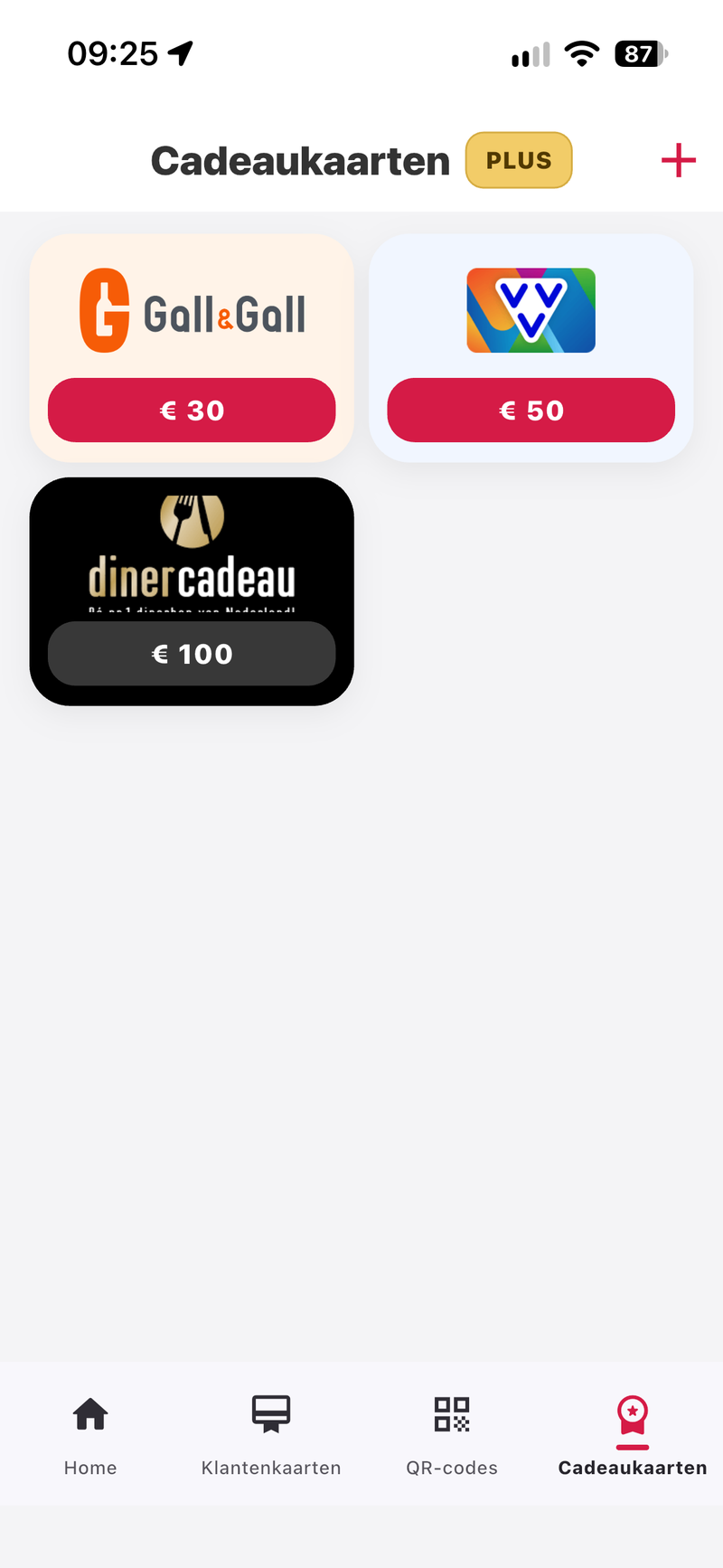 Het cadeaukaartenscherm van de PasKluis-app
